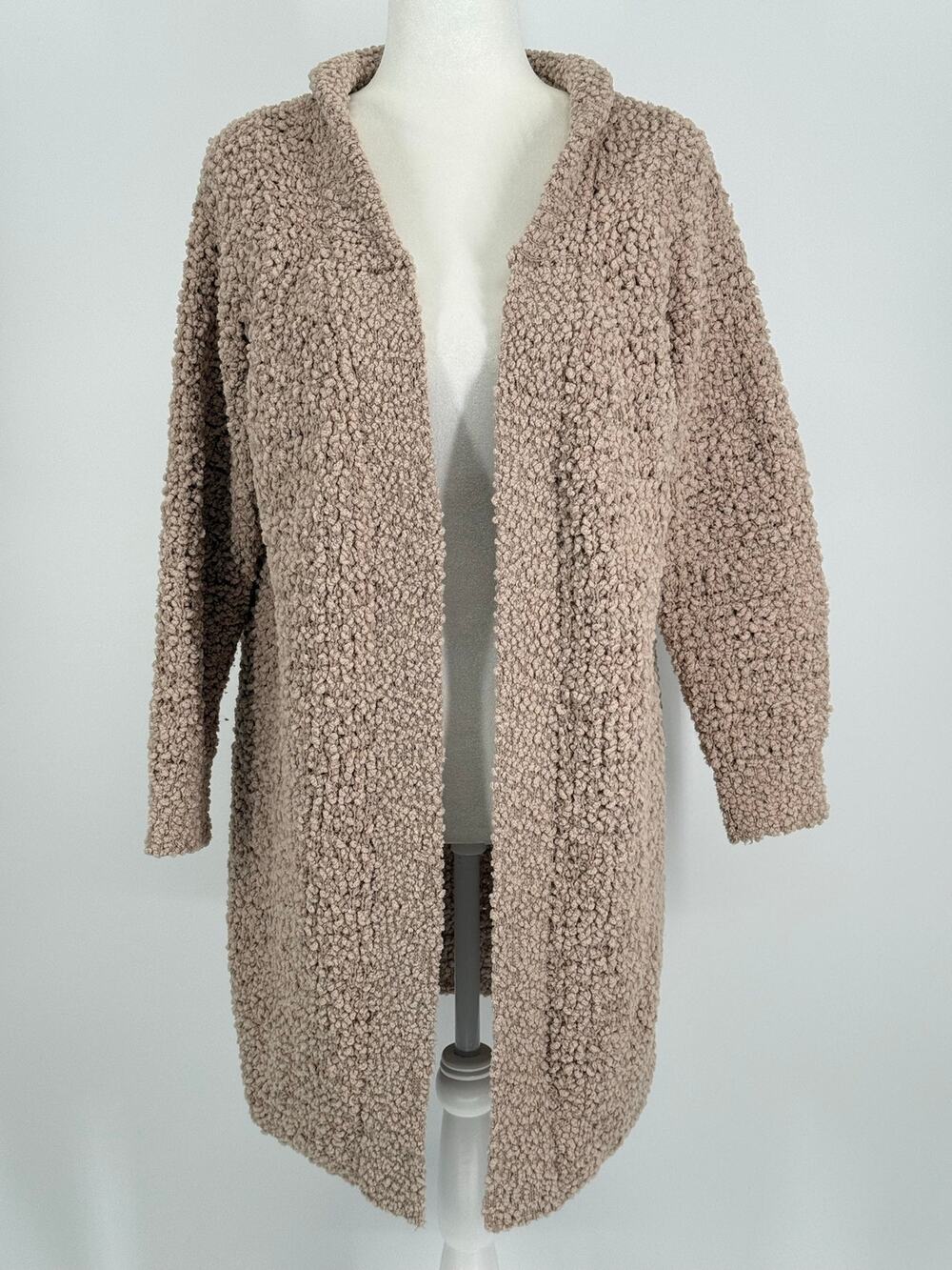 POL Beige Taupe Popcorn Knit Open Front Long Cardigan Sweater Small